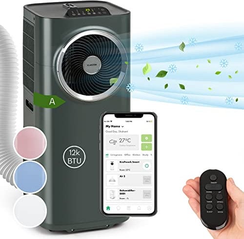 Klarstein Condizionatore Portatile 5 in 1, Condizionatore Deumidificatore Portatile Classe A, Aria Condizionata 12.000 BTU/3,4kW, Purificatore, Climatizzatore Portatile con Night Mode, Wi-Fi/App