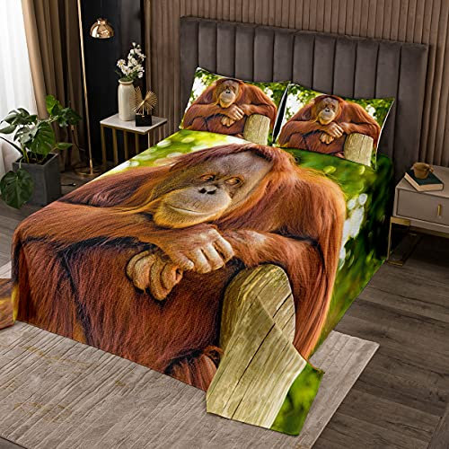 Feelyou Gorilla-Tagesdecke für Kinder, Mädchen, Jungen, Erwachsene, braun, Wildtier, Tagesdecke, gesteppt, Raumdekoration, 3D-Gorilla-Affe, gesteppt, Doppelbett, Bettwäsche-Kollektion, 2 Stück