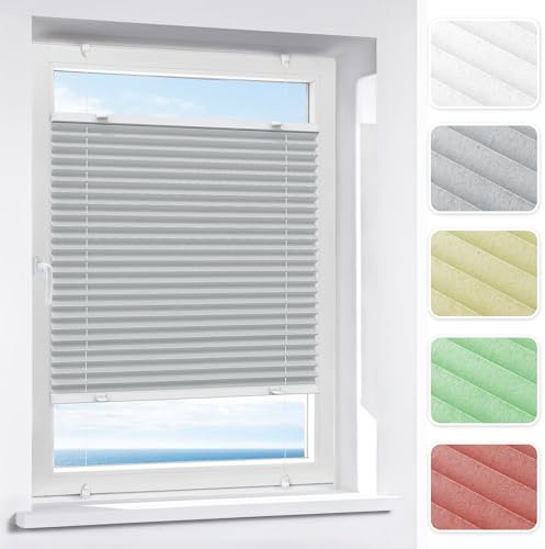 Victoria M. Indiva Lite Plissee Klemmfix Ohne Bohren mit Klemmträgern Sichtschutz, Sonnenschutz Fenster, Lichtdurchlässig, 45 x 100 cm, hellgrau