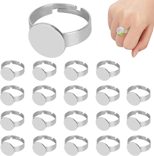 20pcs Edelstahl Einstellbare Fingerringbasen Fassungen 12mm Ringrohling Basen Edelstahl Cabochon Ring Lünette Rohlinge Für Cabochon Runde Fingerringschalen Für DIY Ring Making