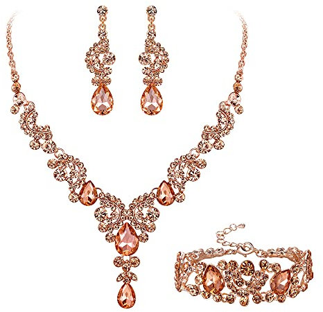 Ever Faith Parure Femme Mariage Forme C Bijou Cristal Strass Collier Plastron Boucles d'oreilles Pendantes Ensemble Champagne Ton Rosé Or