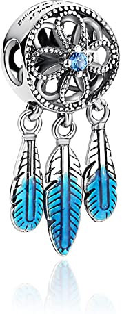 BIZK Blauer Traumfänger Charm Anhänger für Armband 925 Sterling Silber Charm Bead Pendant Rosegold für Europäische Armbänder und Halsketten (Blauer Traumfänger)
