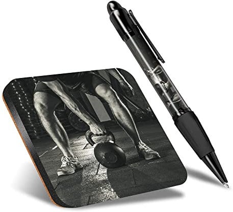 DV DESIGN 1 x Eco Square Coaster & 1 Pen Set - Kettlebell Gym Workout Drink Cup Mug Glass Table Protection Mat #21402