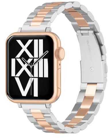 ARTCHE 42mm 41mm 40mm 38mm Thin Watch Strap for Apple Watch Strap Women, Compatible with iwatch Straps Series 10/9/8/7/6/SE/5/4/3/2/1, Elegant Slim Lightweight Metal Band, Silver & Rose Gold