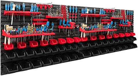 Système de rangement étagère d'atelier | 230 x 78 cm | Boîte de 52 pièces | Étagère murale avec supports à outils et boîtes empilables - Plaques murales extra solides - Étagère murale perforée -