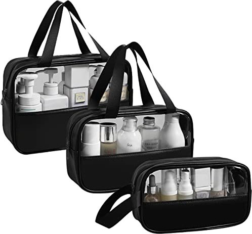 LEcylankEr Trousse de Toilette Transparente 3 Pièces, Trousse de Toilette PVC Étanche pour Femme, Trousse de Maquillage Légère pour Voyage Set (Noir)