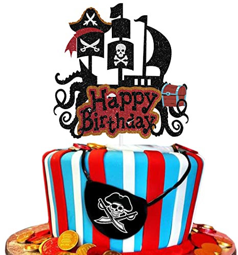 1 PCS Skeleton Pirate Ship Cake Topper - Beware Of Pirates - Birthday Party Theme treasure hunt set sail loot treasure octopus boat boys birthday party Decoration
