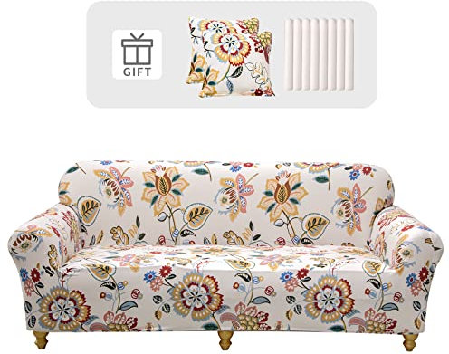 Lydevo Sofabezug 3 Sitzer Stretch Sofahusse Elastischer Sofabezug Spandex Sofa Überzug mit 2 Kissenbezug Anti-Rutsch Waschbar Sofa Protection Cover Schonbezug Couch,Blume