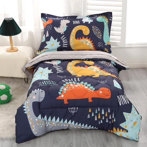 Wowelife Kleinkind-Bettwäsche-Sets für Jungen, 4-teiliges Dinosaurier-Bettwäsche-Set, blau-graues Bettwäsche-Set, super weich und bequem für Kleinkinder (dunkelblau)