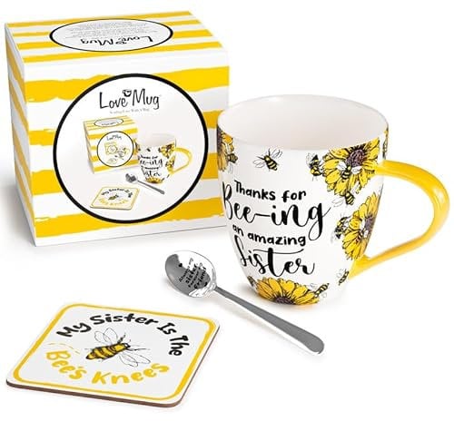 Love Mug®: A Heartfelt Gift for Your Sister, Featuring A Beautiful Mug with A Printed Message Inside, A Coaster and an Engraved Teaspoon. Beautifully Packaged and Sold by A UK Award Winning Retailer