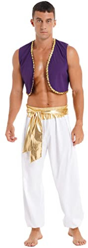 Jan Jean Herren Halloween Thema Party Kostüm Paillett Weste + Hose mit Gürtel Araber Verkleidung Rollenspiel Outfits Gold L