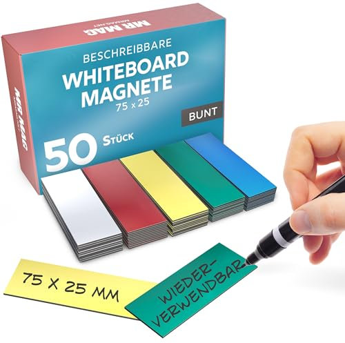 MrMag® 50 Magnetstreifen zum beschriften - bunt - Whiteboard Magnete 75x25mm - Magnet-Etiketten beschreibbar - beschreibbare Magnetschilder