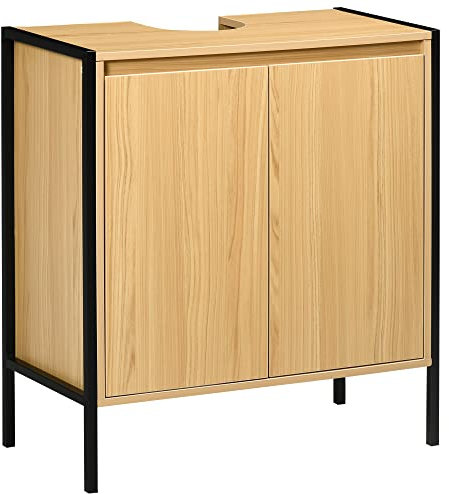 kleankin Meuble sous lavabo de Salle de Bain Armoire sous Vasque piètement en métal Double Porte - 60 x 30 x 62,5 cm - Noir et Couleur Bois