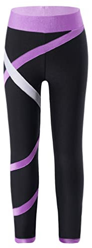TiaoBug Mädchen Sporthose Sport Leggings in schönen Kontrastfarben Tanz Laufen Tights Fitness Yoga Pants Violett A 122-128