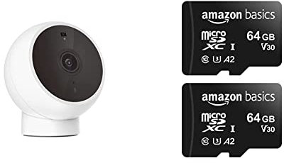 Xiaomi Mi Magnetic Mount caméra de Surveillance 2K Noir, détection de Mouvement, Vision Nocturne et de 180° & Amazon Basics - Carte Mémoire MicroSDXC, 64 Go, avec Adaptateur SD, A2, U3, Lot de 2