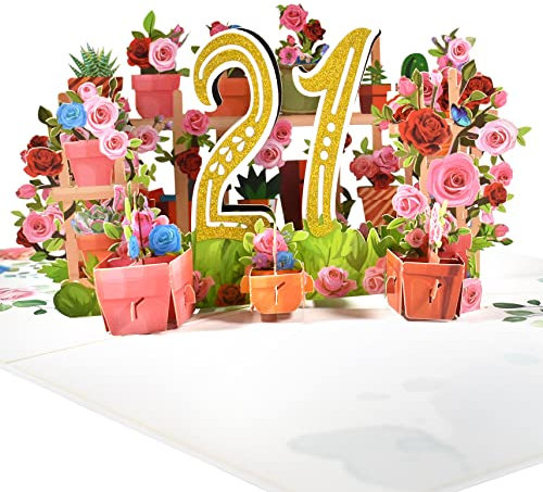 GREETING ART 21 Geburtstagskarte, Blume Pop Up Karte zum 21 Jahrestag, 3D Pop Up Karte 21 Geburtstag, Pop Up Karte Geburtstag 21,Happy Birthday Karte für für Tochter, Sohn