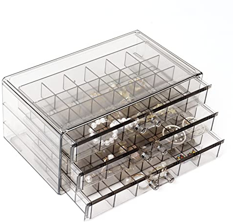 Nideen Earring Storage Organiser, 3 Drawers Acrylic Jewellery Box Organiser, Stackable Earring Ring Storage Box for Women Girls(Black)