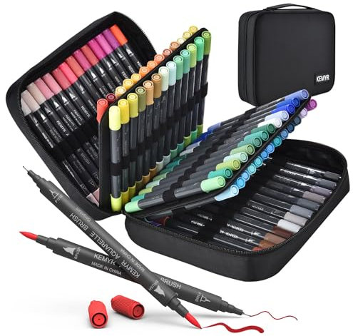 KEMYR Marker-Set für ErwachsenenMalbücher 80 Farben Dual-Tips (Fein & Pinselspitze)，wasserbasierte Kunstmarker für Erwachsene Zeichnen, Skizzieren, Bullet Journal, Schreiben, ohne Durchbluten