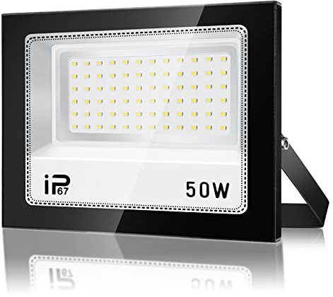 Foco LED Exterior 50W,5000LM 7000K Proyector LED Exterior,IP67 Impermeable 72 LEDs Super Brillante Blanco Frío Luz de Seguridad,Potente Luces Led Exterior para Jardín,Garaje, Terraza,Patio Trasero