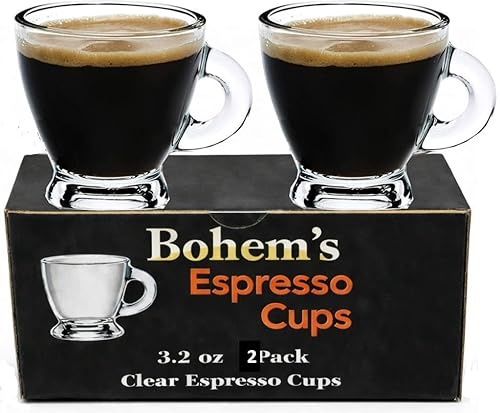 BOHEM'S Espresso Cups, 3.2 oz Small Demitasse Clear Glass Espresso Drinkware, Set of 2, Espresso Shot Glasses, Clear Expresso Coffee Cups, Tazas de Cafe Expreso