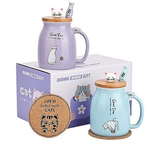 Cat Mugs Set of 2 Cute Cat Tea Cup Ceramic Coffee Mug with Kawaii Lid and Spoon Cute Mugs for Women Girls Cat Lovers 15oz/500ml Christmas Birthday Cat Gift Mug(2 Pack Purple and Blue)