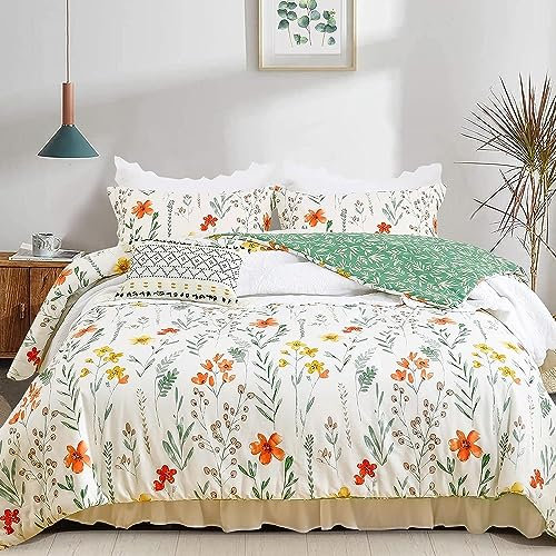 Sedefen Bettwäsche 135x200 cm + 1 Kissenbezug 80x80cm,Grün Weiß Blätter Blumen Wendebettwäsche Set Mädchen Teens Microfaser Einzelbett Bettbezug mit Reißverschluss