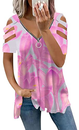 äRmelloses Shirt Damen Bluse Damen Weiß Partner Tshirt Sexy Drucken V-Ausschnitt Kurzarm Hollow Out Plus Size T Shirt Mit ReißVerschluss LäSsiges Plissee Oberteile Wanderbluse Damen (1-Hot Pink, M)
