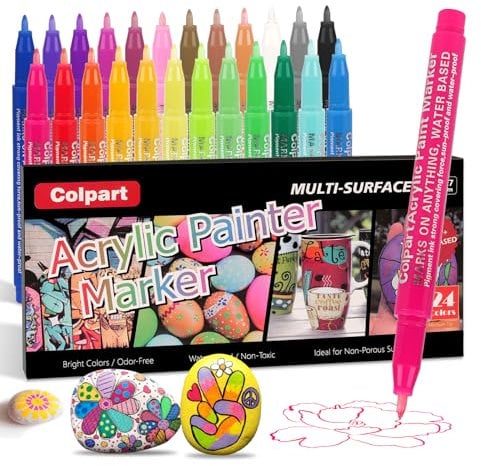 24 Colors Acrylic Paint Markers - Acrylic Paint Pens 0.7mm Extra Fine Tip Paint Pens Paint Markers for Rock Painting,Wood, Canvas, Stone,Glass, Ceramic Surfaces, DIY Crafts Making Art Supplies