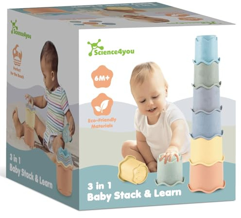 Science4you Bicchieri Impilabili Neonato 3 in 1 – Gioco Impilabile con 6 Bicchieri, Bagno Spiaggia Interno, 6 9 12 Mesi+