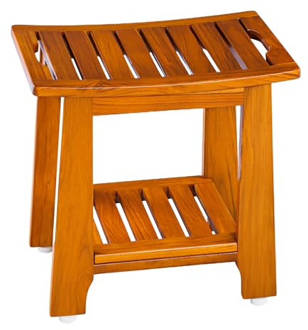 24 Large Teak Shower Bench with Shelf & Handle - Waterproof Spa Stool, Non-Slip Leveling Feet & 300 lbs Capacity - for Showers, Saunas/Steam Rooms & Outdoor Pools (Patented)