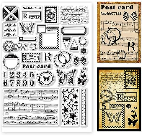 GLOBLELAND Postage Clear Stamps Variety Patterns Vintage Text Silicone Stamp Butterfly Number Postcard Stars Music Staff for Card Making Photo Album Scrapbooking Decor DIY Crafts