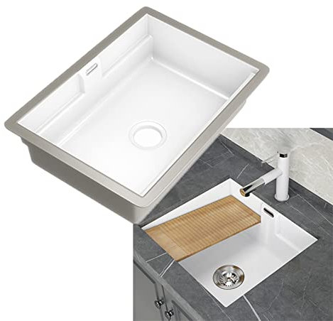 Fregadero de granja blanco, fregadero de cerámica, fregadero rectangular de cerámica para balcón con tabla de lavar y colador, fregadero de cocina moderno para restaurante, cocina,