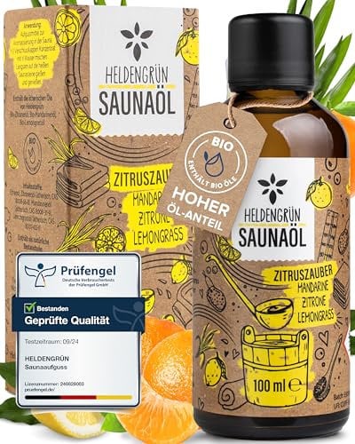 Heldengrün Olio per sauna biologico con mandarino, limone e citronella, infuso sauna con olio essenziale biologico