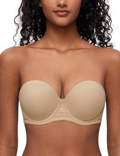 Deyllo Women's Strapless Bra Padded Cup Push Up Plus Size Full Coverage Underwire Support(Nude,36G)