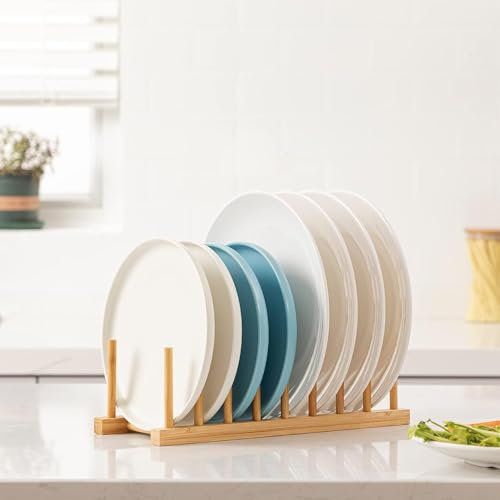 SURPRIZON Escurridor de platos de bambú, organizador de tapas de ollas, organizador de tabla de cortar, organizador de platos, estante de secado de tazas, escurridores de platos para encimera de