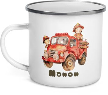 Tasse Tractopelle Camion Tracteur Pompier Personnalisable Prénom Enfant Camion Tracteur Mug Petite Fille Garçon Gobelet Verre Métal Acier Déjeuner Cadeau Noël Incassable Émaillee (Camion de Pompier)