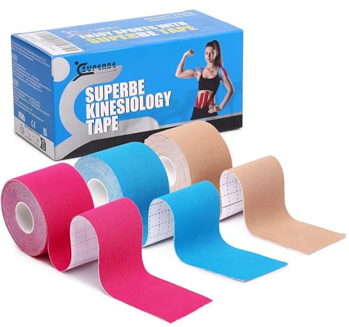 SUPERBE Kinesio-Tape und Physio-Tape (Packung mit 3 Rollen), kinesiologisches Tape für Leichtathletik, zur Schmerzlinderung, Genesung und Physiotherapie, 5 cm x 5 m (Beige, Blau, Rosa)