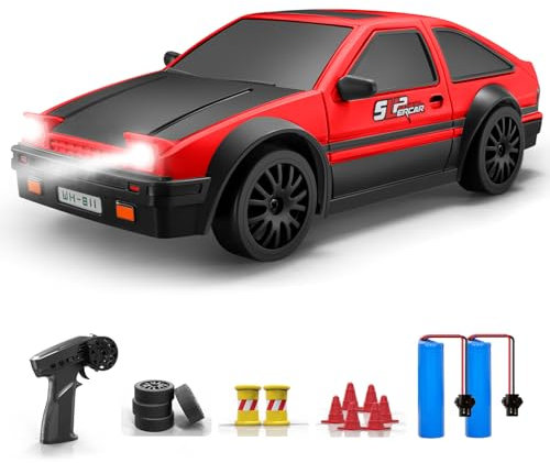 ACAMMZAR Ferngesteuertes Auto, 1:24 20KM/H RC Drift Car, 4WD RC Auto mit LED-Leuchten, Zwei Batterien, für ab 4,5,6,7,8 + Jahre Kinder und Erwachsene, Rot und Schwarz