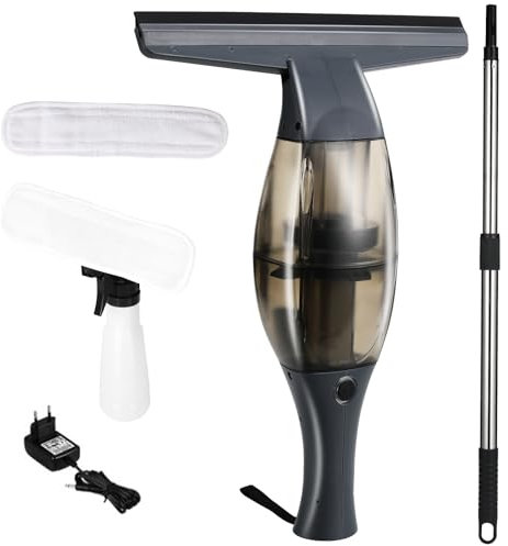 Limpiador Ventanas Eléctrico,Limpiacristales eléctrica,Aspirador Ventana con mango telescópico,boquilla succión 28 cm,botella pulverizadora con funda microfibra para limpieza sin rayas 360° (Negro)