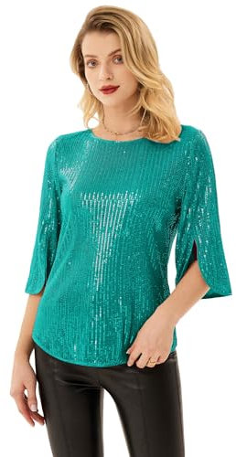 Damen Pailletten Bluse 3/4 Ärmel Loose Fit Rundhals Tops Elegant Casual Shirt Blaugrün L