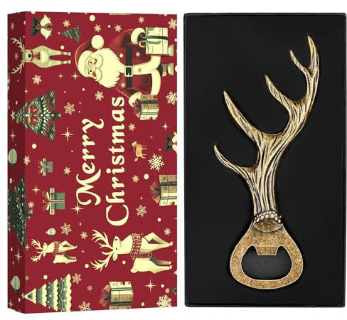 LKKCHER Weihnachtsverpackter Hirsch Bierflaschenöffner, Weihnachtsgeschenke für Männer Papa Ehemann Hirsch Jagd Geschenke für Jäger Bronze mit Weihnachtsverpackung und Weihnachtskarte