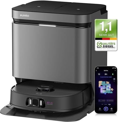 EUREKA J15 Pro Ultra Saug- & Wischroboter + All-in-One-Station (Selbstreinigung, 16200Pa, LDS Navigation, Hinderniserkennung, Anti-Haarverhedderung, ideal gegen Tierhaare, App- & Sprachsteuerung)