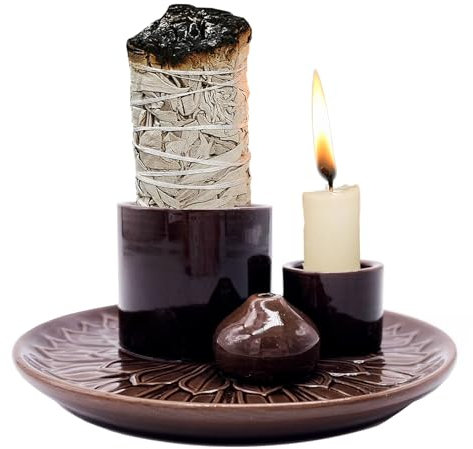 4 in 1 Multifunctional Ceramic Incense and Candle Holder with Ash Catcher Tray Suit for Burning White Sage, Palo Santo Sticks (Dark)