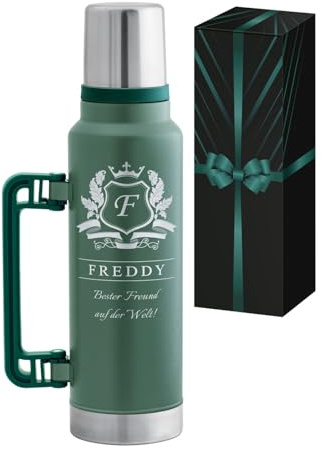 Personalisierte Thermosflasche 1400 ml mit Griff - auslaufsichere Edelstahl Trinkflasche mit Trinkbecher - Geburtstagsgeschenk für Männer - personalisierte Geschenke für Männer - Grün - Maverton