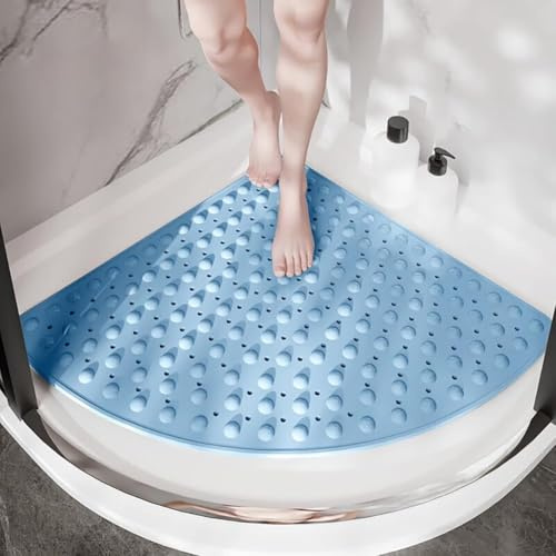 Tappeto Doccia Angolare 65x65cm,Tappetino Doccia Antiscivolo Triangolare,Tappeto Doccia Antiscivolo con Ventose e Fori di Drenaggio,Tappetino Vasca Antiscivolo e Antimuffa,per Doccia e Bagno(Blu)