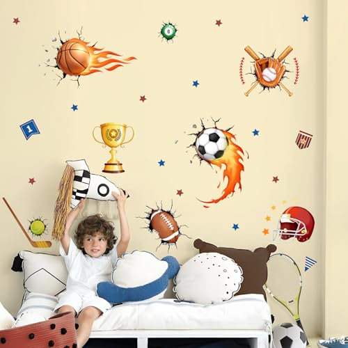 Tanlaby 3D Calcio Adesivi Murali Ragazzo Removibile Calcio Adesivo Murale Sport Palle Calcio Rugby Baseball Decorazione Murale per Bambini Ragazzi e Ragazze Camera da Letto Stanza Della Scuola