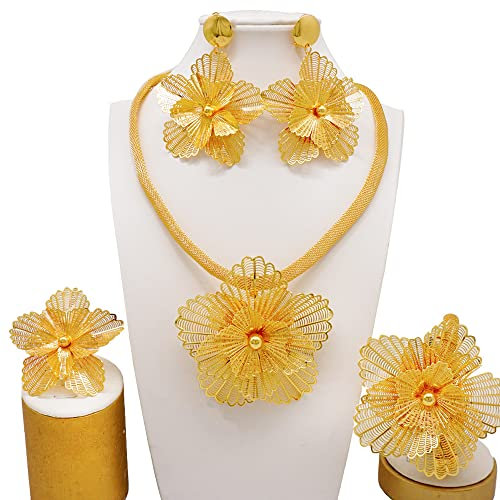 Dubai 24K Gold Farbe Schmuck Set Rose Blume Design Halskette Armband Frauen Hochzeit Party Braut Ohrringe Ring Schmuck