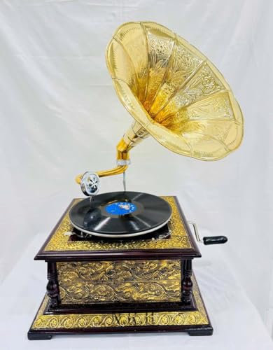 Antik aussehende Replik Grammophone Vintage Grammophone Plattenspieler Holzsockel mit floralen Schnitzereien Gold Horn Lautsprecher (16. Jahrhundert Gold Carving Inlay Grammophone)