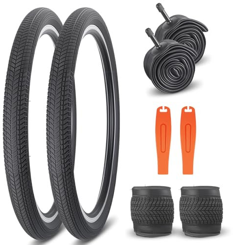 24 x 2,125 Fahrradreifen Ersatz-Kits, 2 Stück, 24 Zoll Fahrradreifen, Klappradreifen, Ersatz mit 2 Schläuchen und 2 Hebeln, geeignet für Fahrradreifen, 24 x 2,125, 24 x 1,95, 24 x 2,0, Schwarz