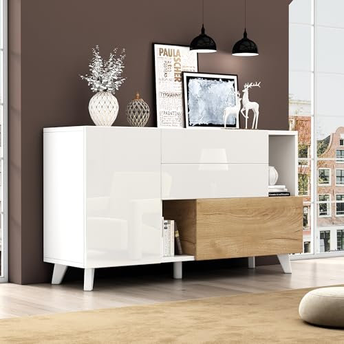 Merax Buffet - Commode blanche brillante - Meuble TV moderne 2 portes 2 tiroirs - Armoire multi-usages salon, salle à manger, couloir - Design sans poignée - 130 cm